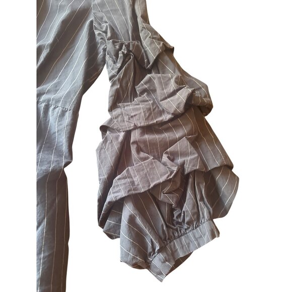 Free People Navy Pinstripe Ruffle Sleeve Button-Up Shirt L Cotton Blend - Picture 2 of 6